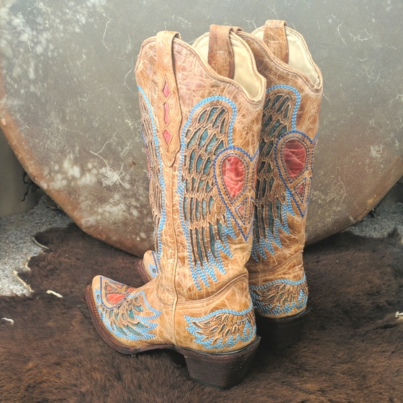 CORRAL A1976 wings & hearts distressed tan leather cowgirl boots snip toe sz 7 - Picture 5 of 16
